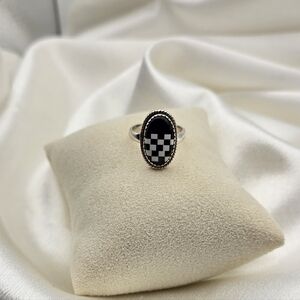 Sterling Silver 925 Black Onyx Checkered Ring